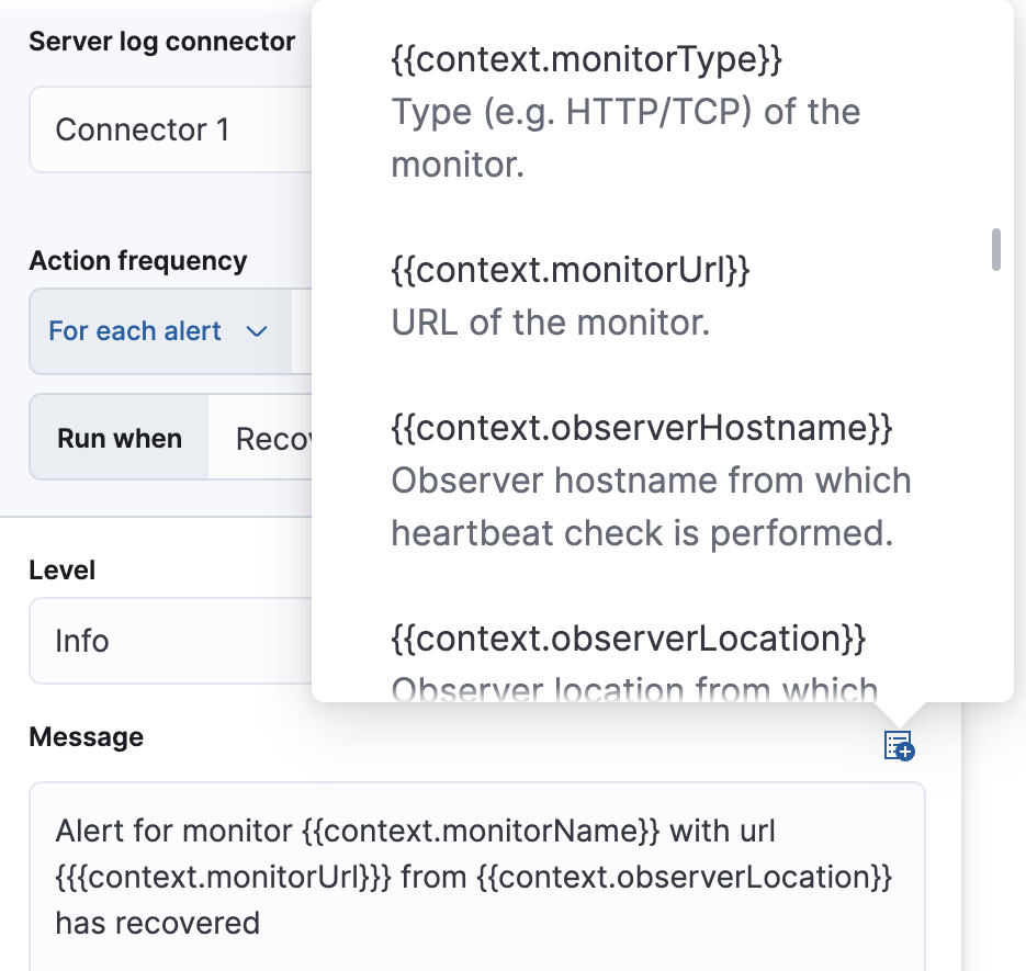 Default recovery message for monitor status rules with open "Add variable" popup listing available action variables