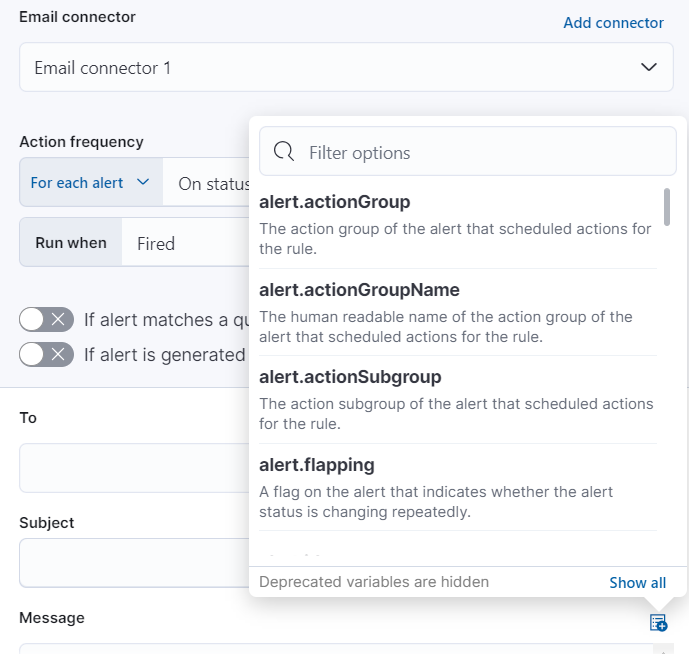 Default notification message for log threshold rules with open "Add variable" popup listing available action variables