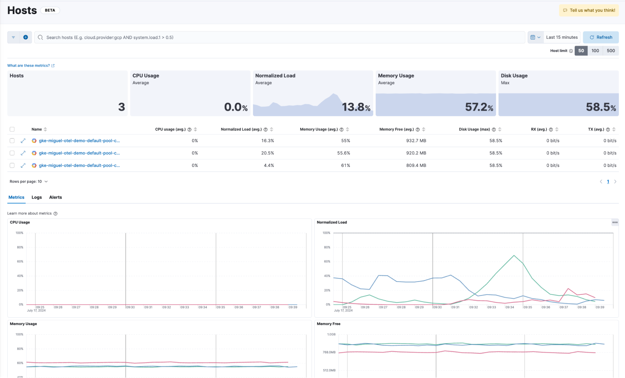 Elastic Distro for OpenTelemetry Collector hosts UI