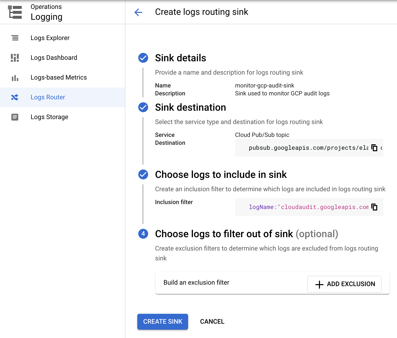 Create logs routing sink