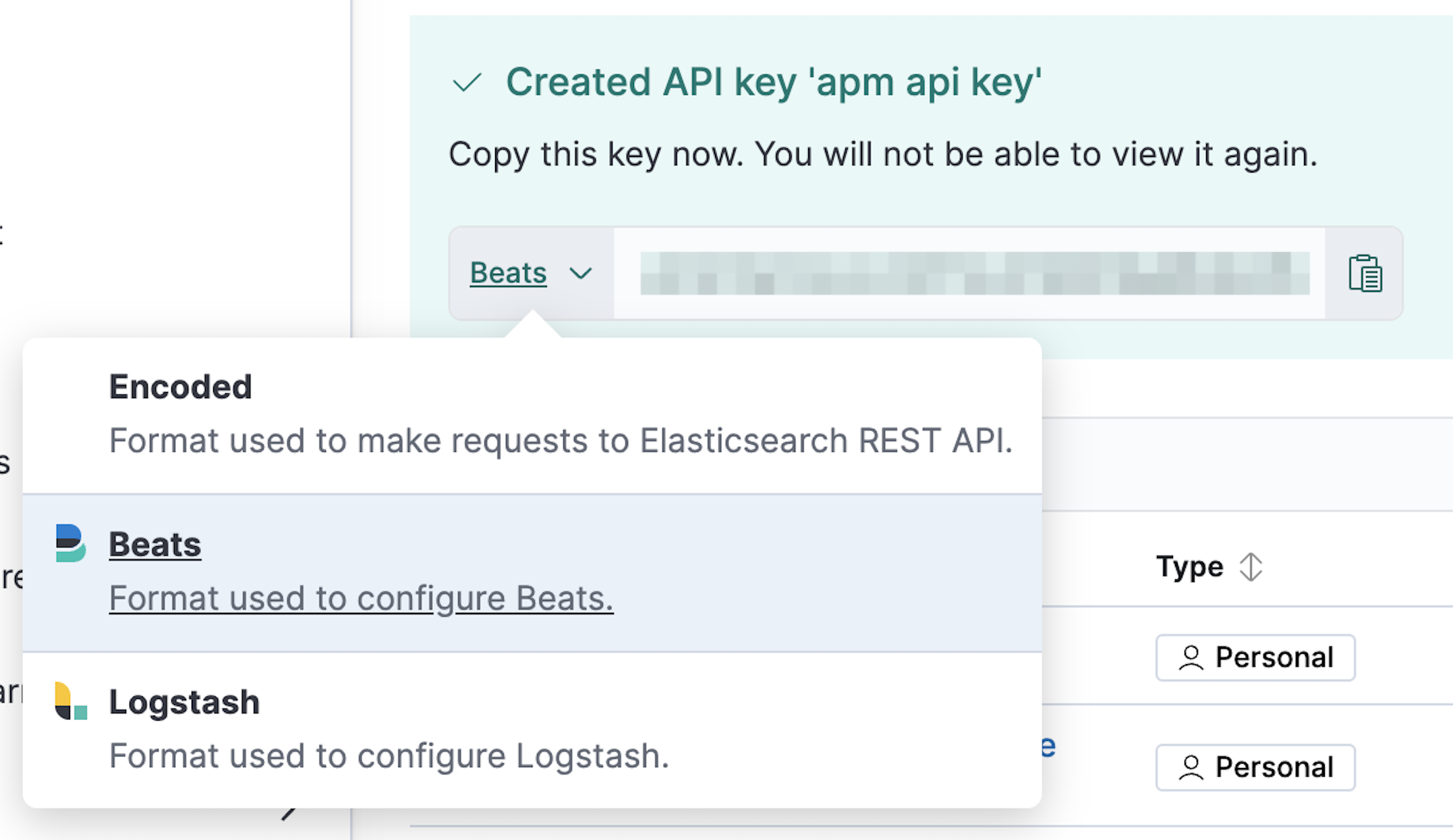 API key dropdown highlighting the Beats option