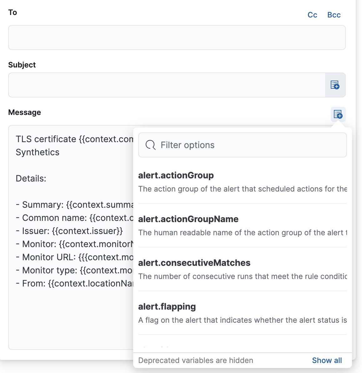 tls rule synthetics action variables