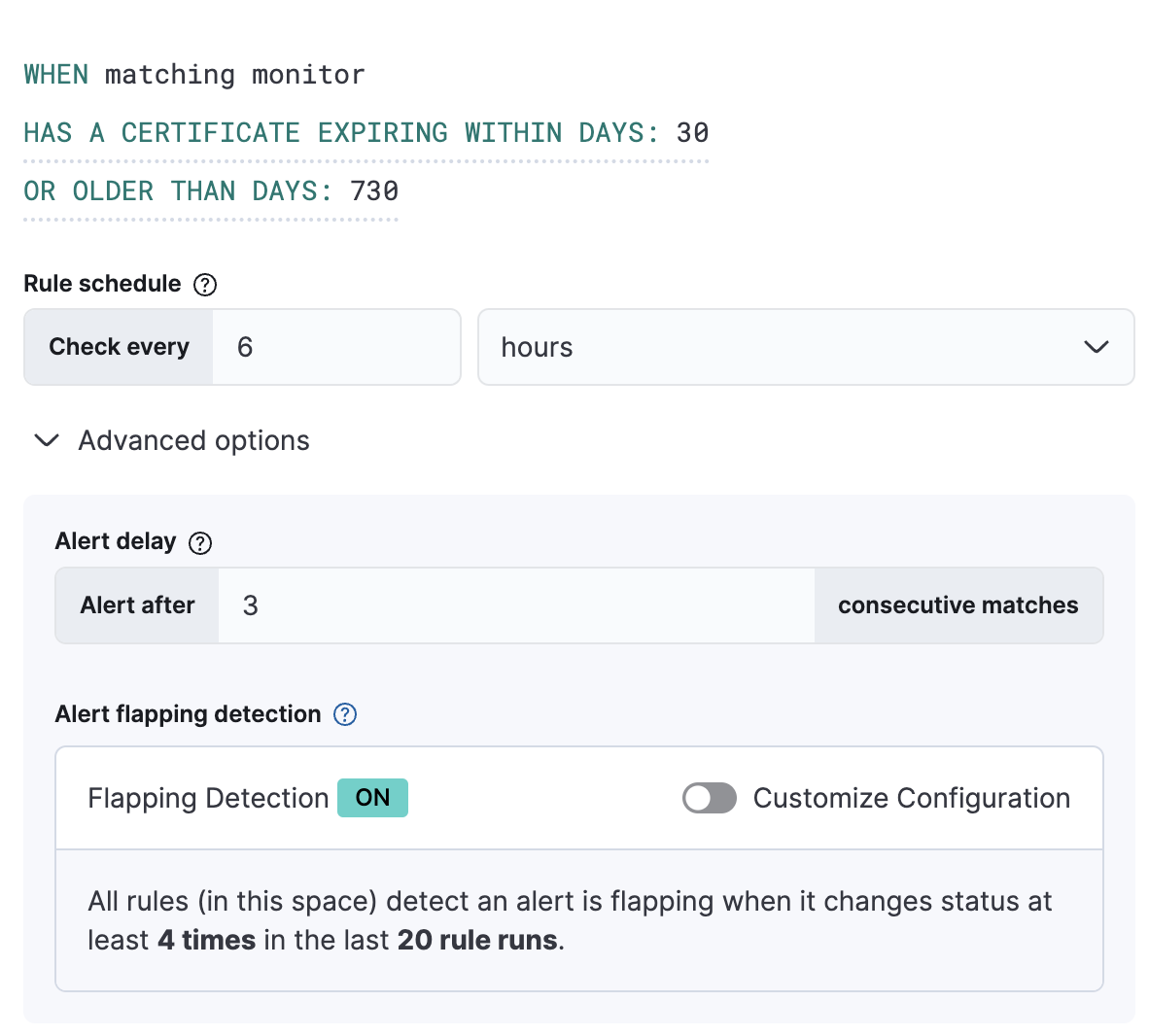 Conditions and advanced options defining a Synthetics TLS certificate rule