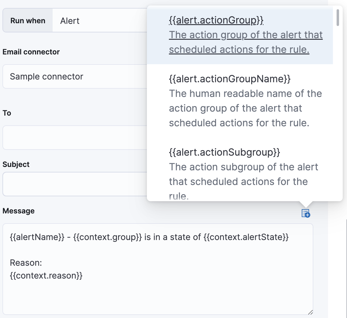 Default notification message for metrics threshold rules with open "Add variable" popup listing available action variables