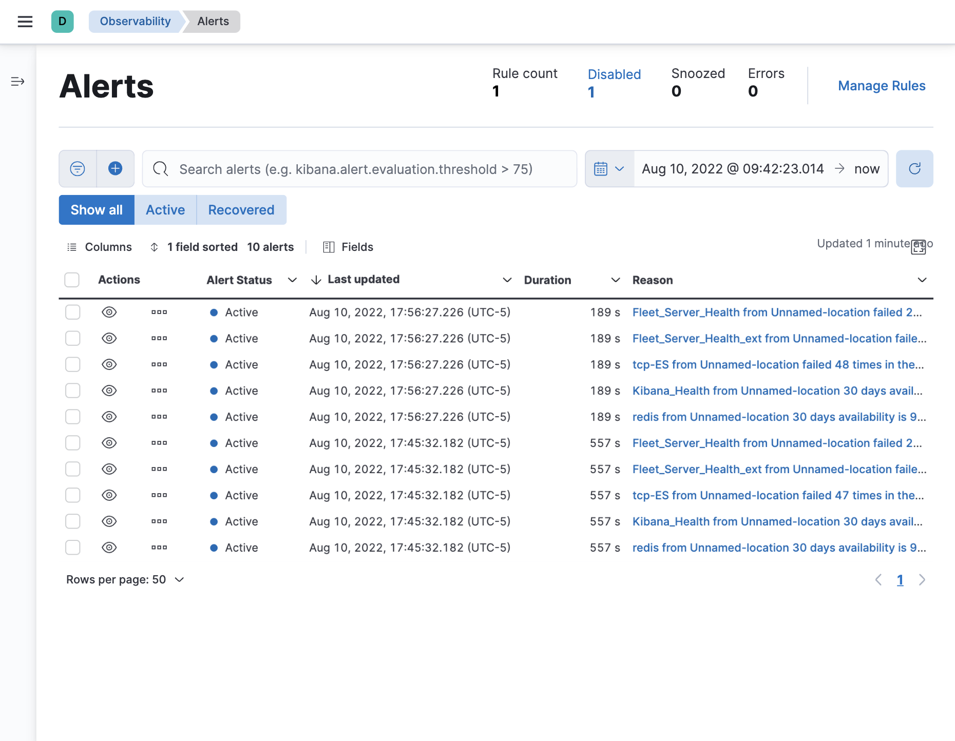 Elastic Observability Alerts page