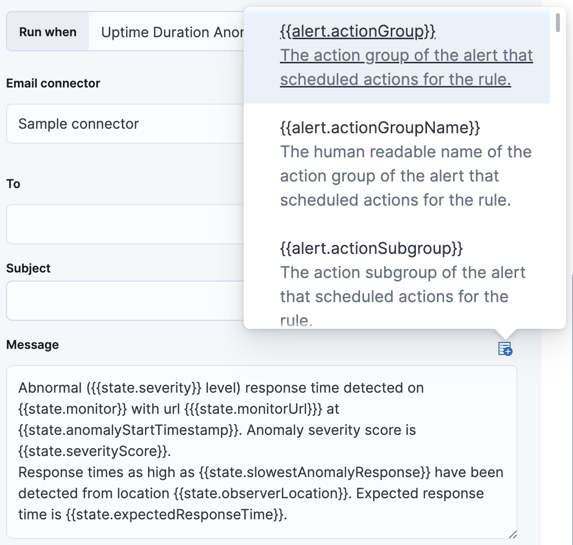 Default notification message for Uptime duration anomaly rules with open "Add variable" popup listing available action variables