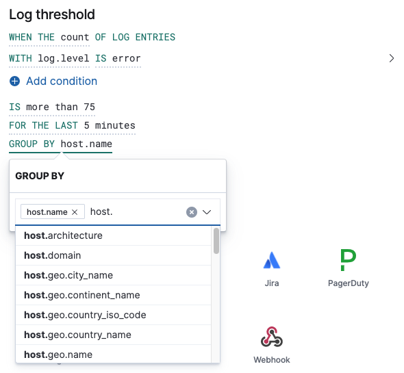 Log threshold rule group by