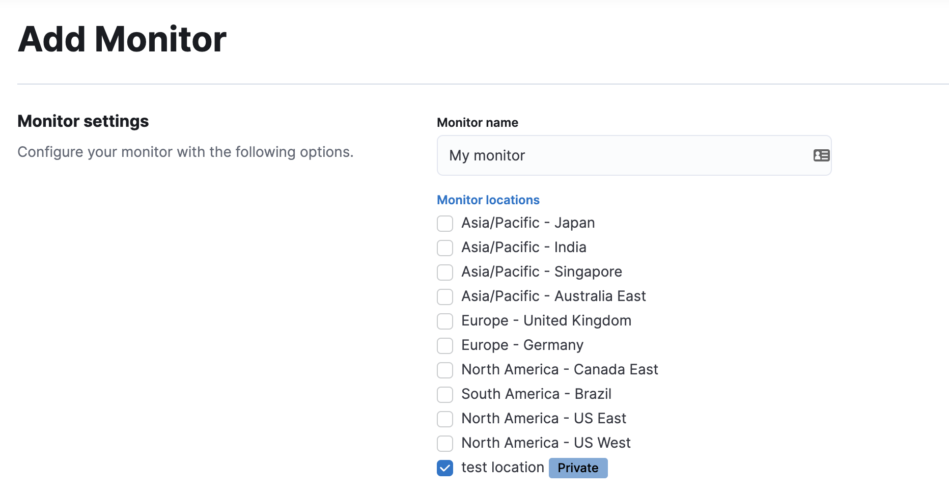Screenshot of Monitor locations options including a private location