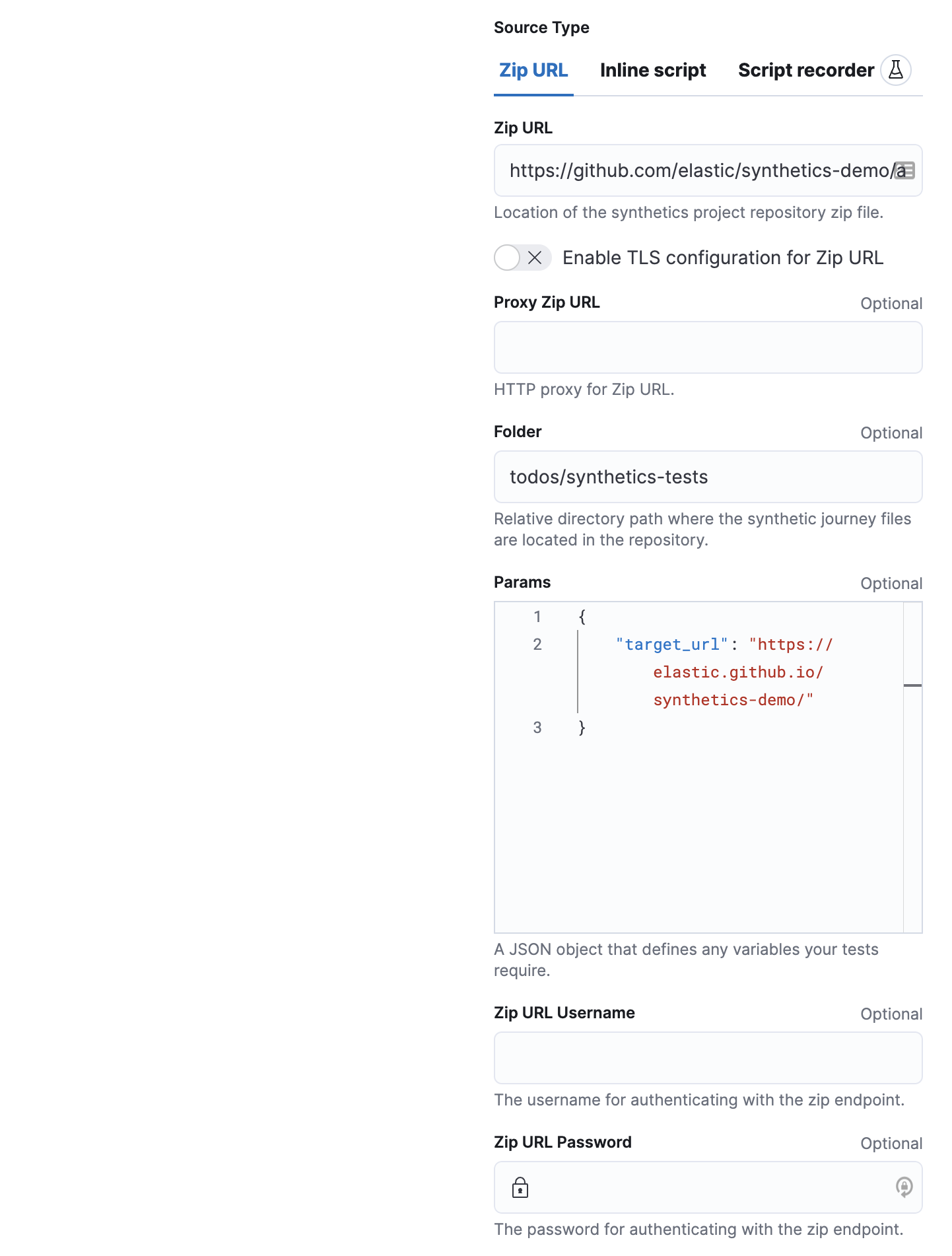 Set source type and related parameters for a synthetic monitor in Elastic Fleet