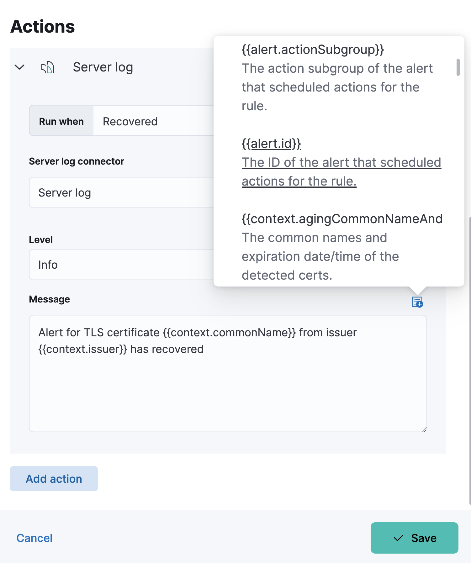 Default recovery message for TLS certificate rules with open "Add variable" popup listing available action variables