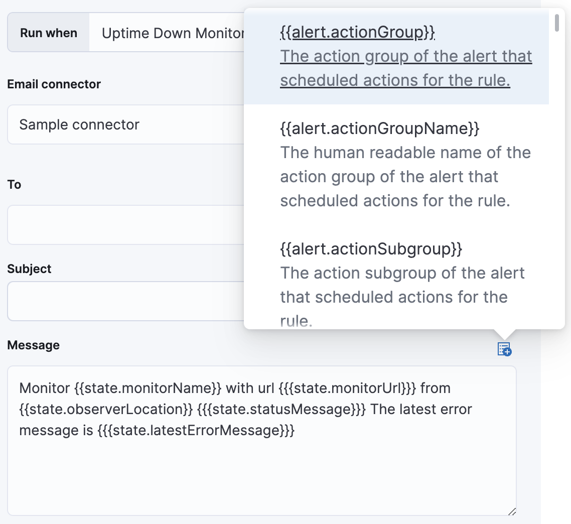 Default notification message for monitor status rules with open "Add variable" popup listing available action variables