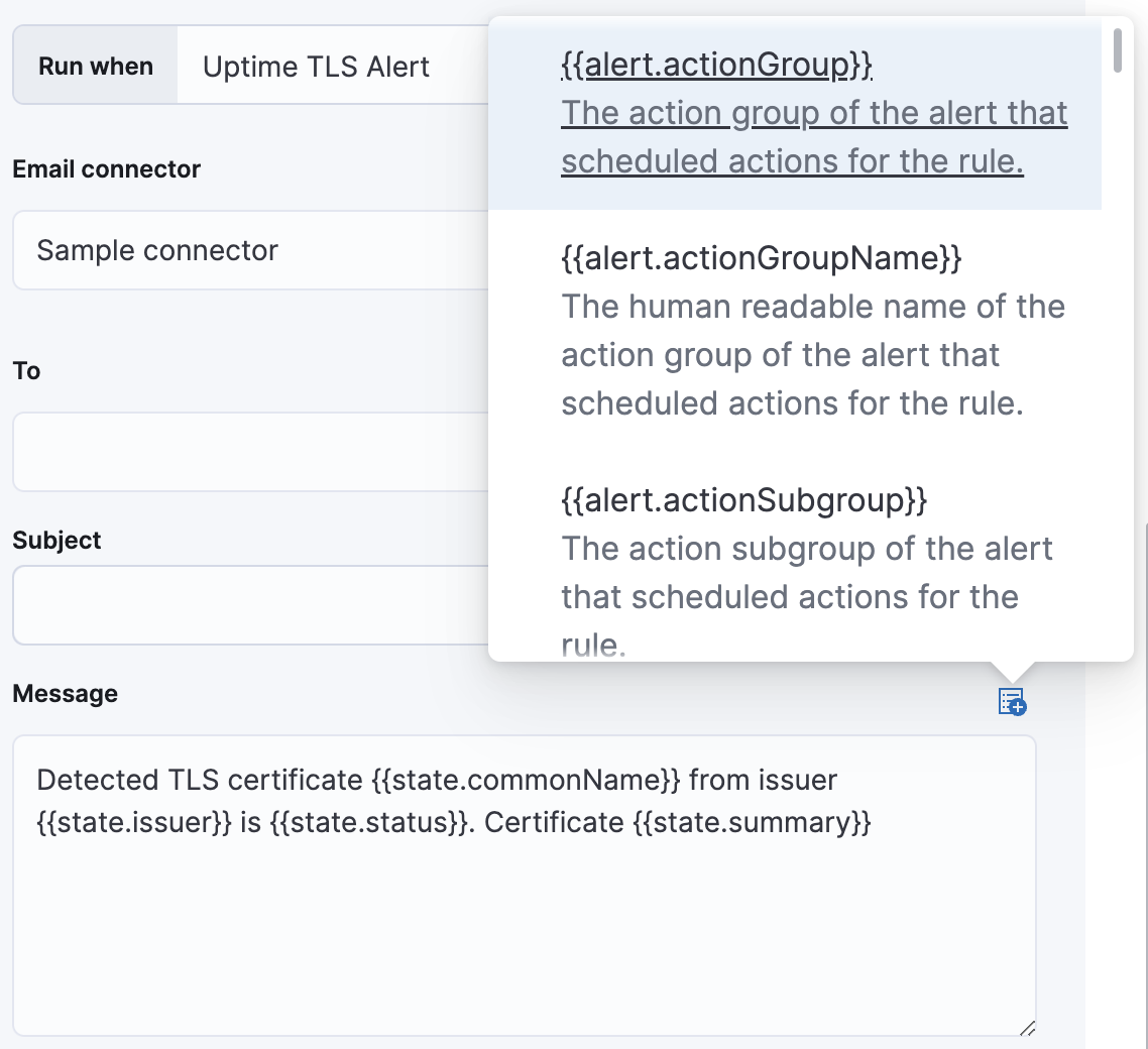 Default notification message for TLS rules with open "Add variable" popup listing available action variables