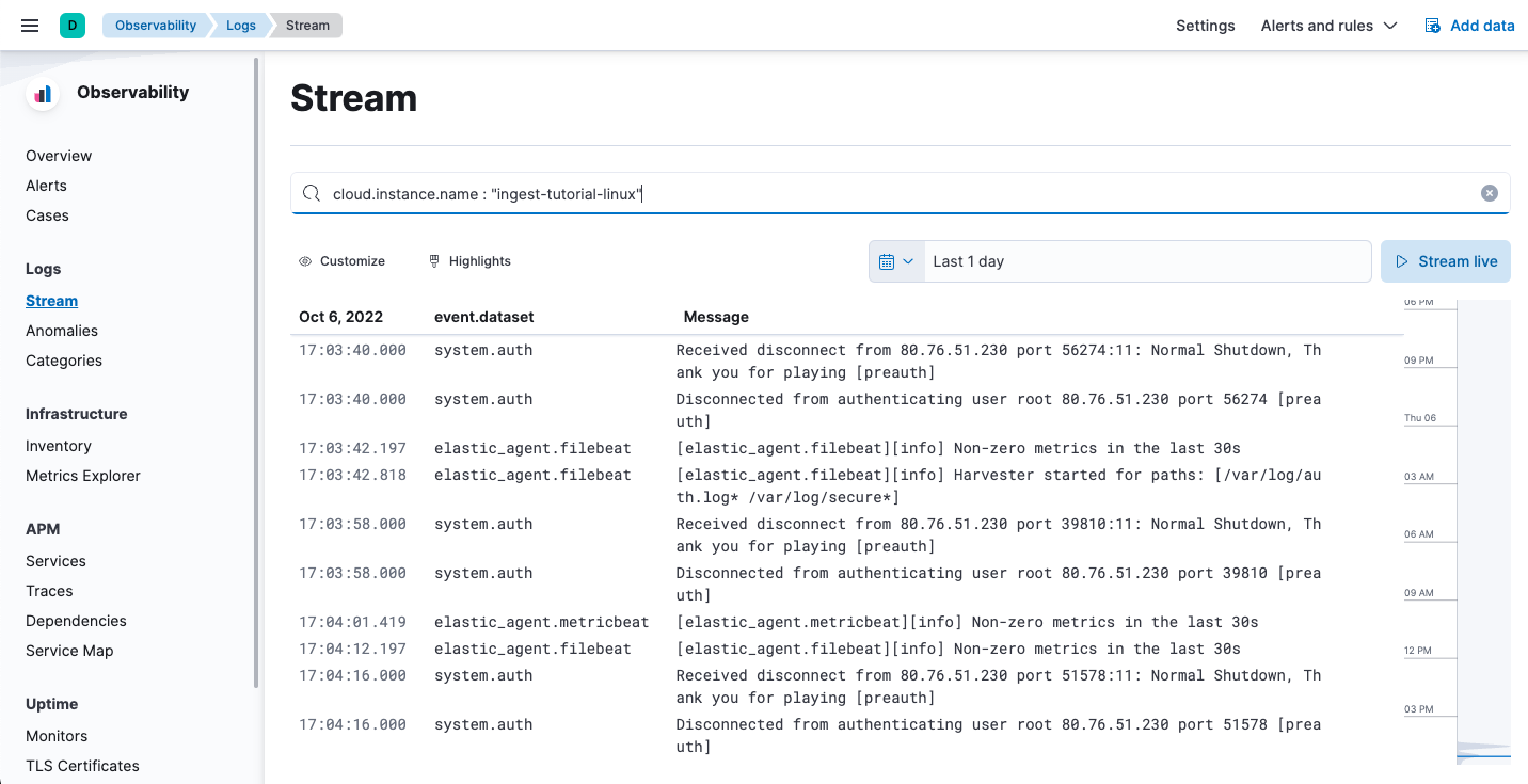 Screenshot of VM logs in the Logs app