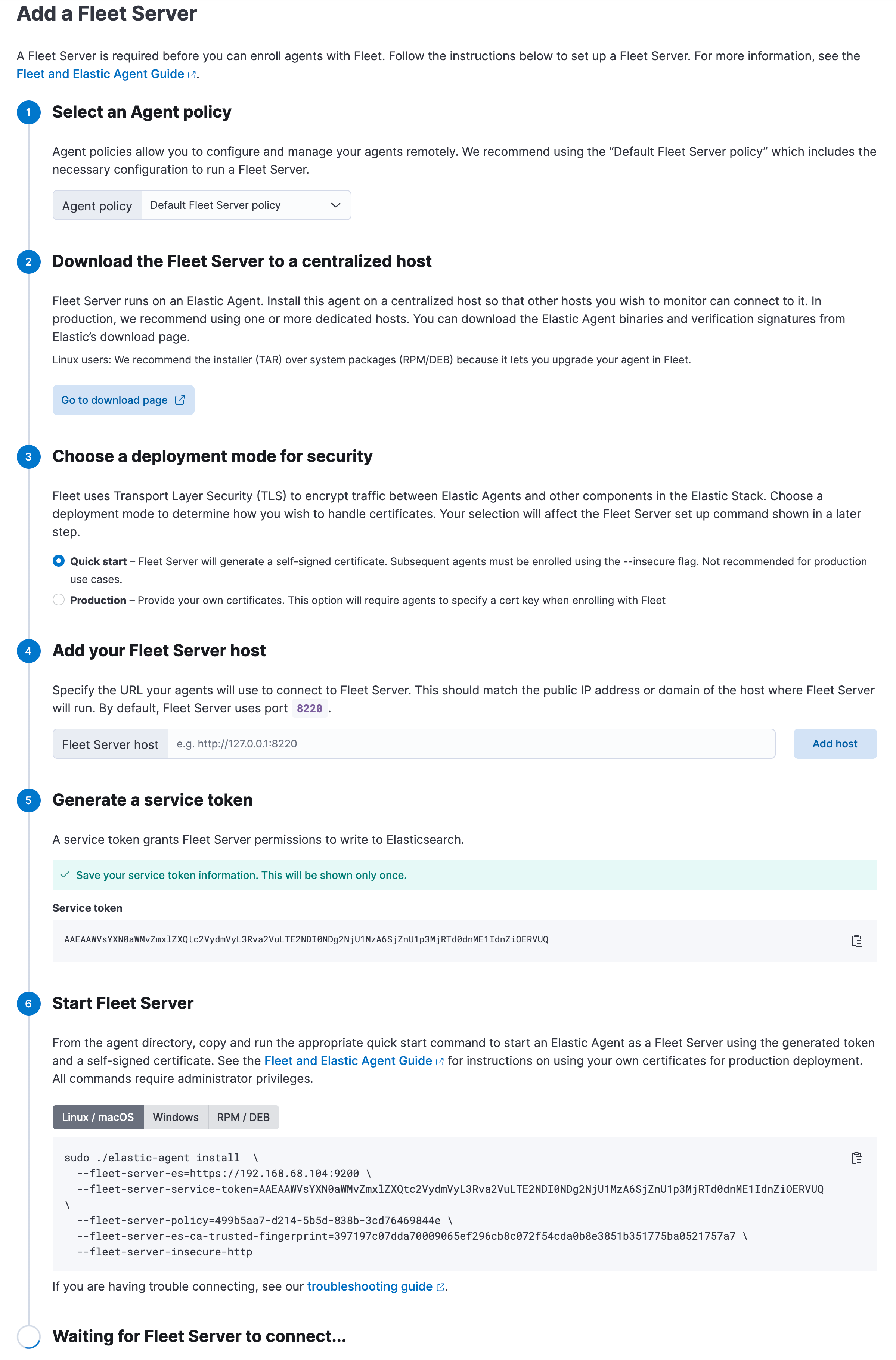 In-product instructions for adding a Fleet Server