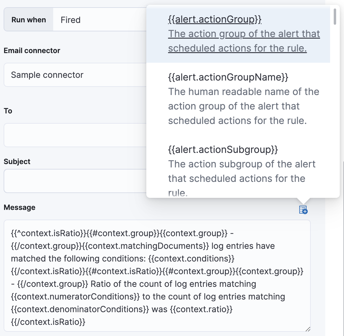 Default notification message for logs threshold rules with open "Add variable" popup listing available action variables