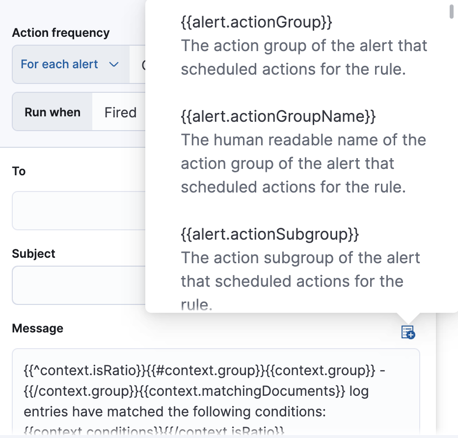 Default notification message for logs threshold rules with open "Add variable" popup listing available action variables