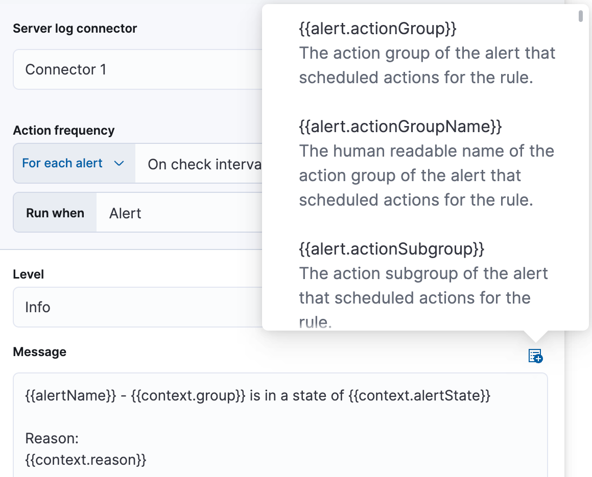 Default notification message for metrics threshold rules with open "Add variable" popup listing available action variables