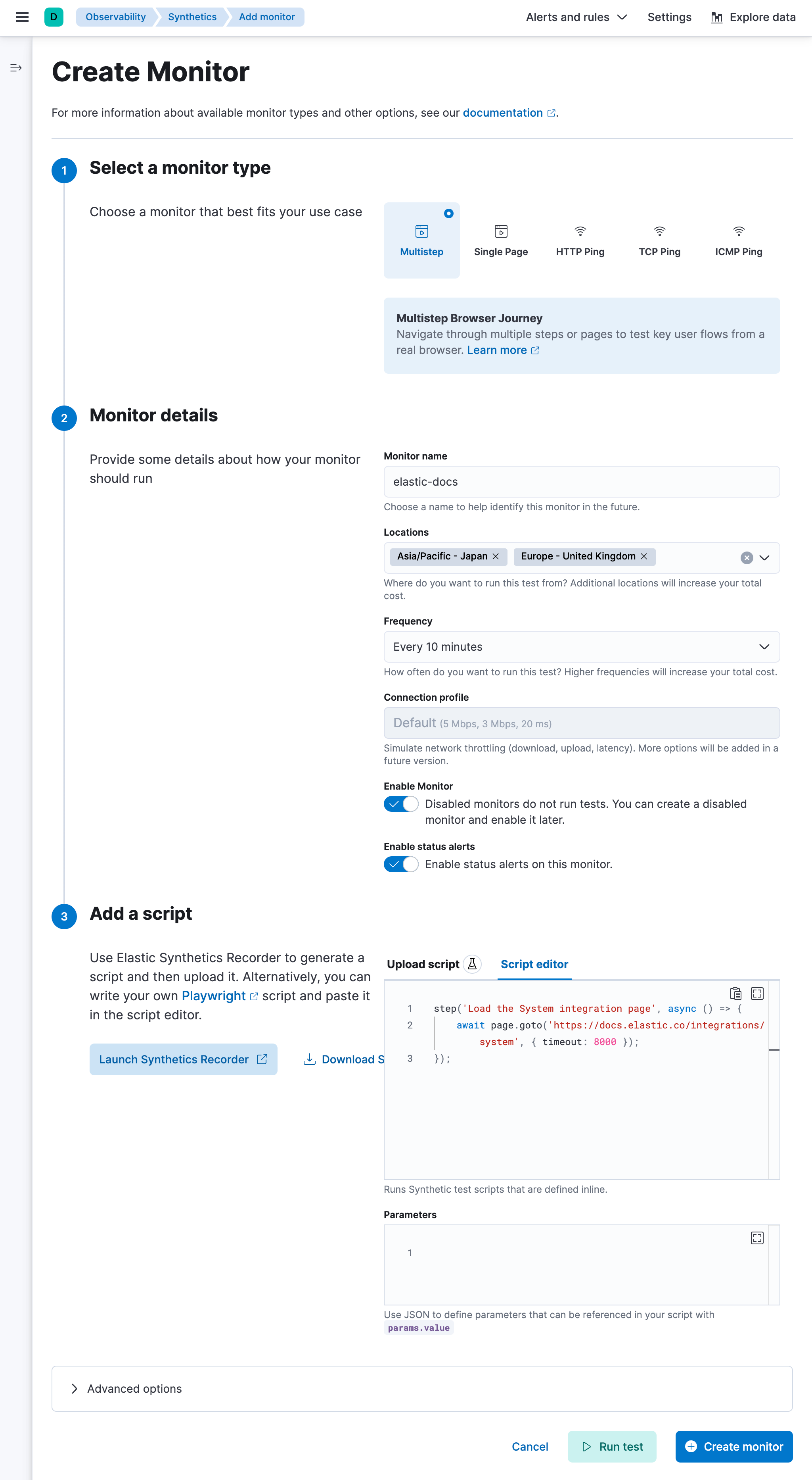 Configure a synthetic monitor using an inline script in Elastic Fleet