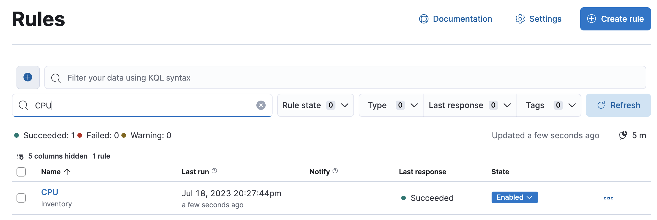 Elastic Observability Rules page