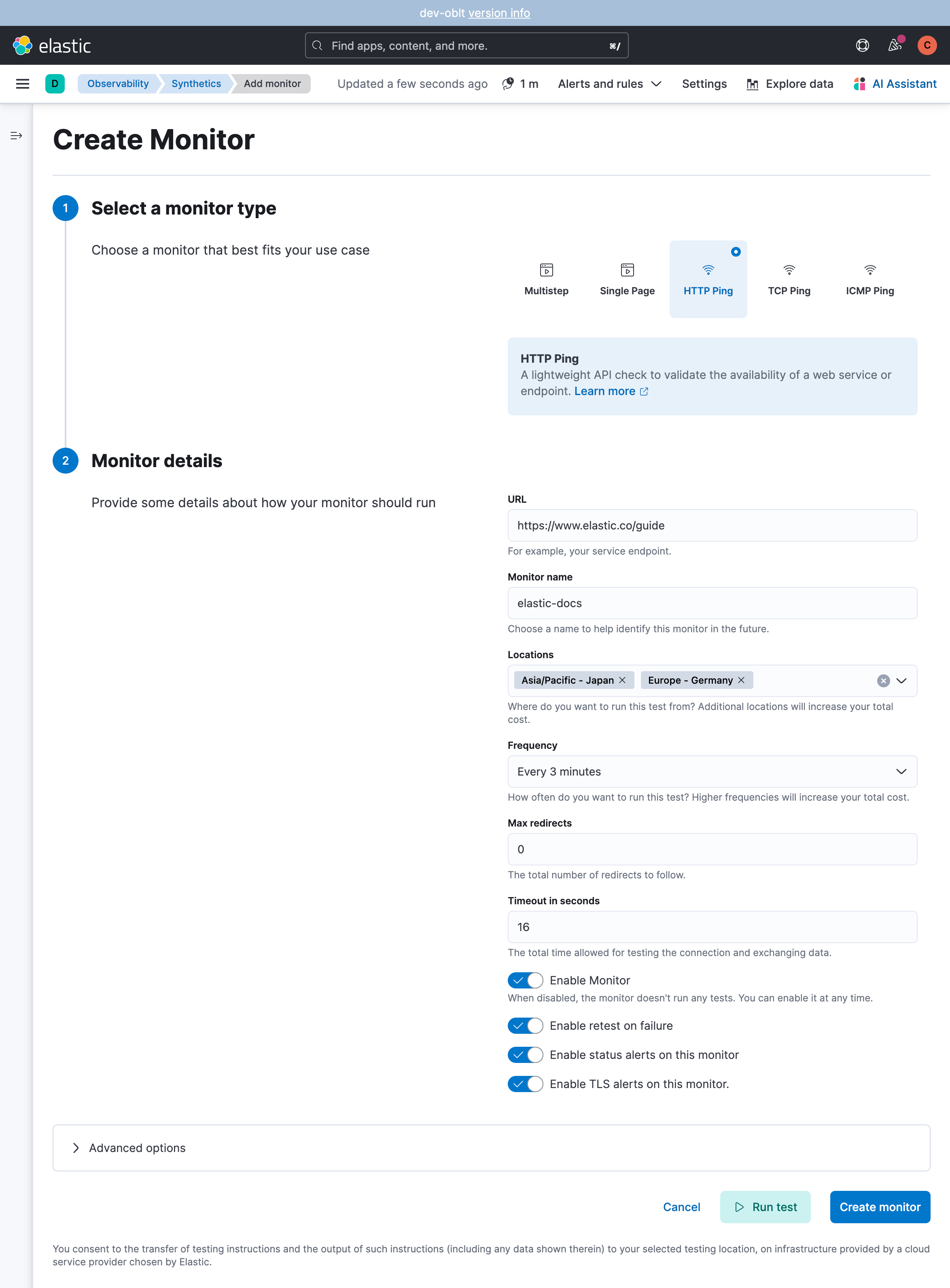 Synthetics Create monitor UI