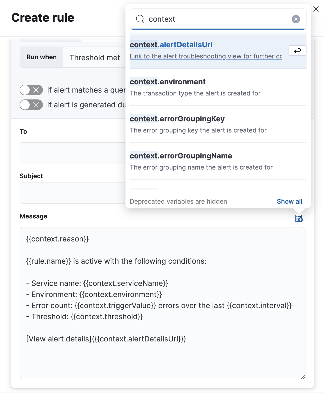 apm error count rule action variables