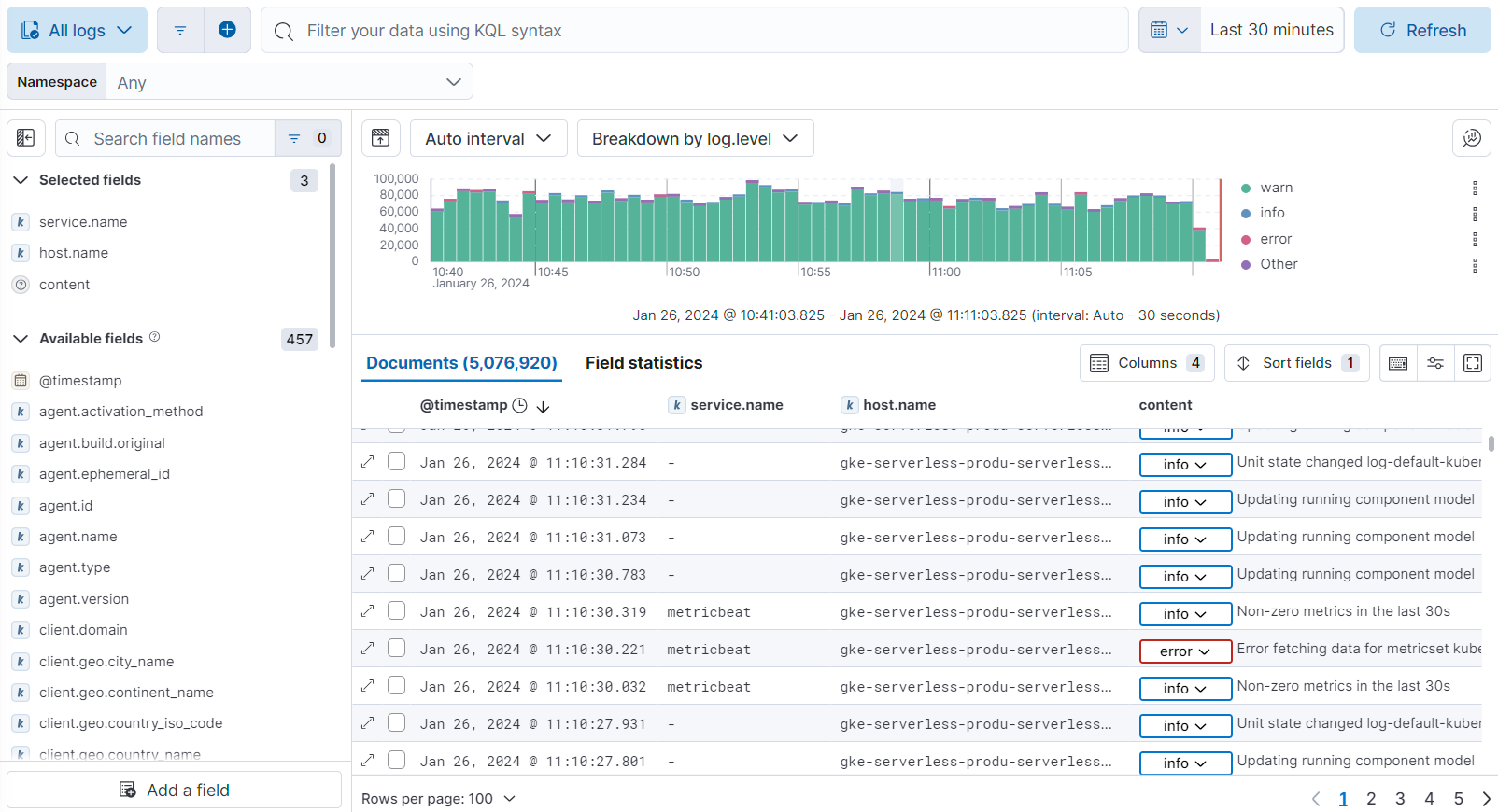 Screen capture of the Logs Explorer