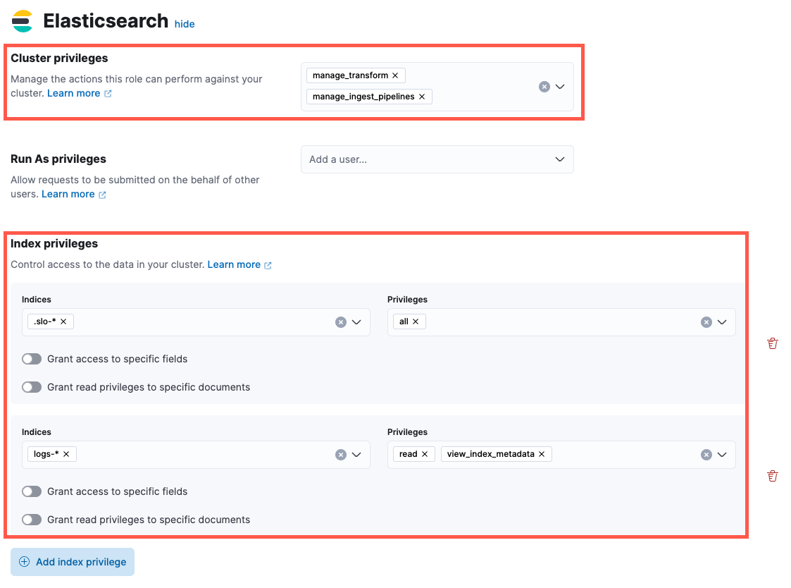 Cluster and index privileges for SLO All role