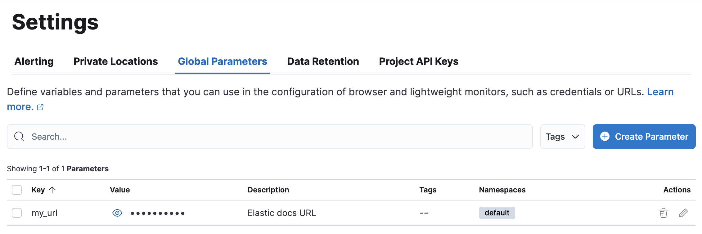 Global parameters tab on the Synthetics Settings page in Kibana