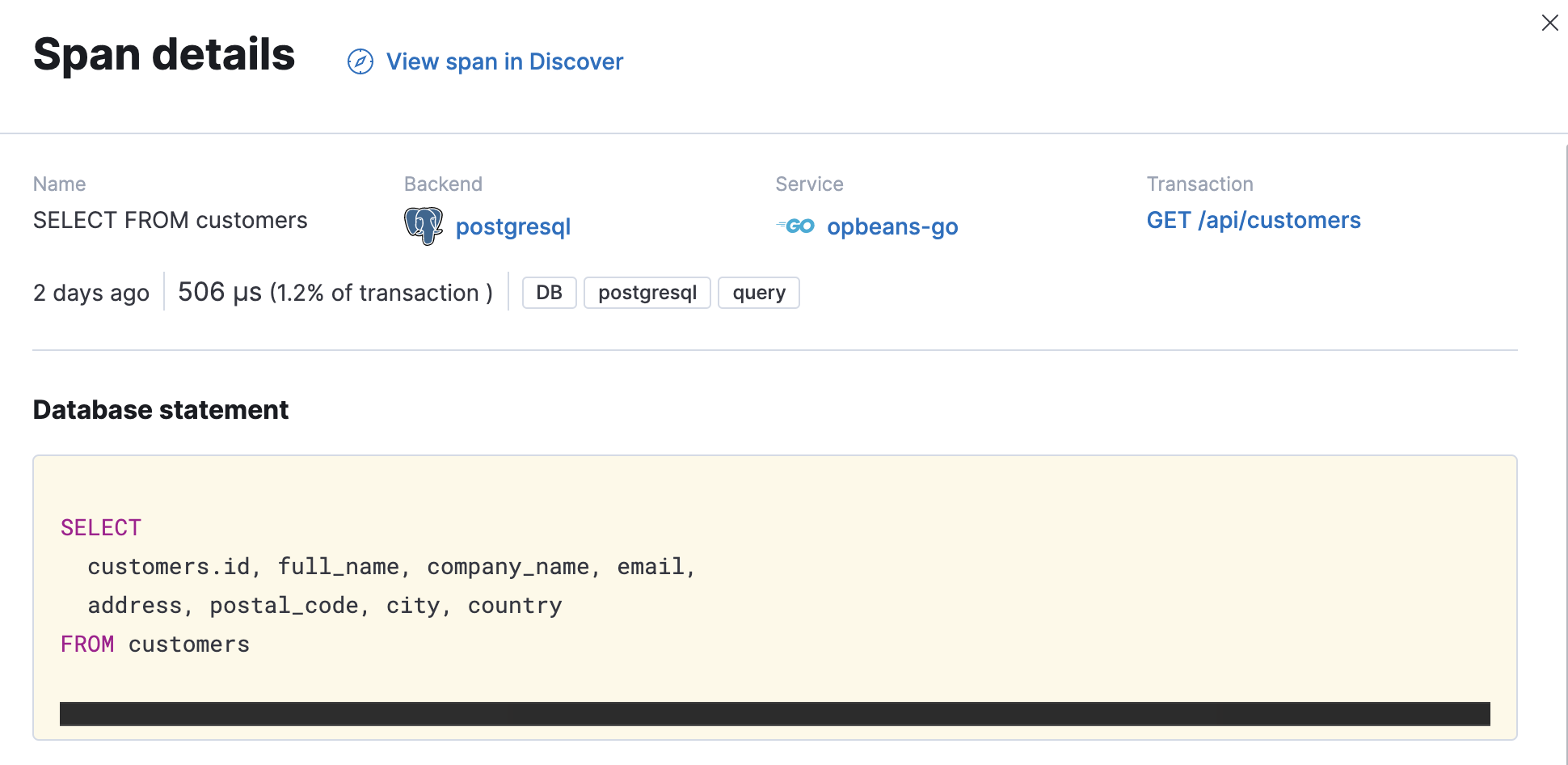 Example view of a span detail in the Applications UI in Kibana