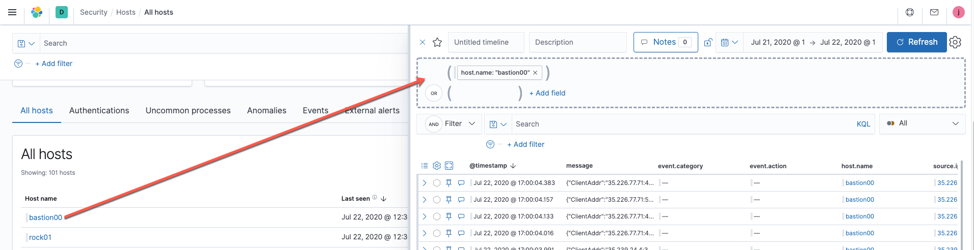 Drag and drop a value from the data table to the Timeline tab to add it to the query