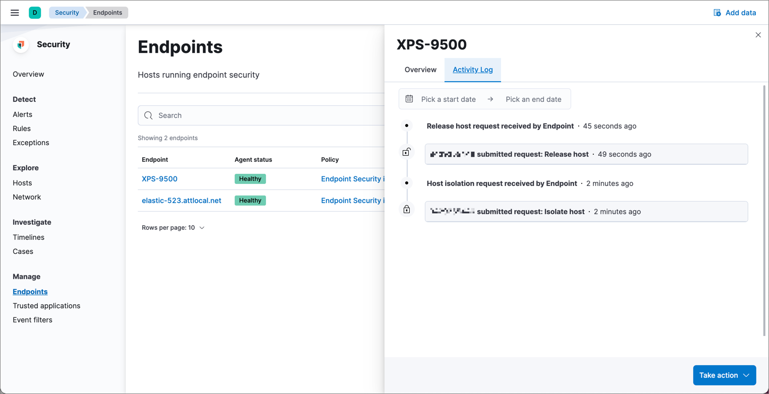 Shows the activity log of an isolated host