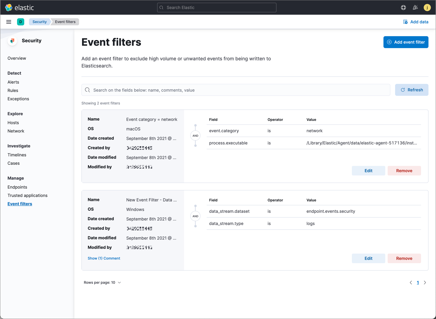 Shows the Event filters page