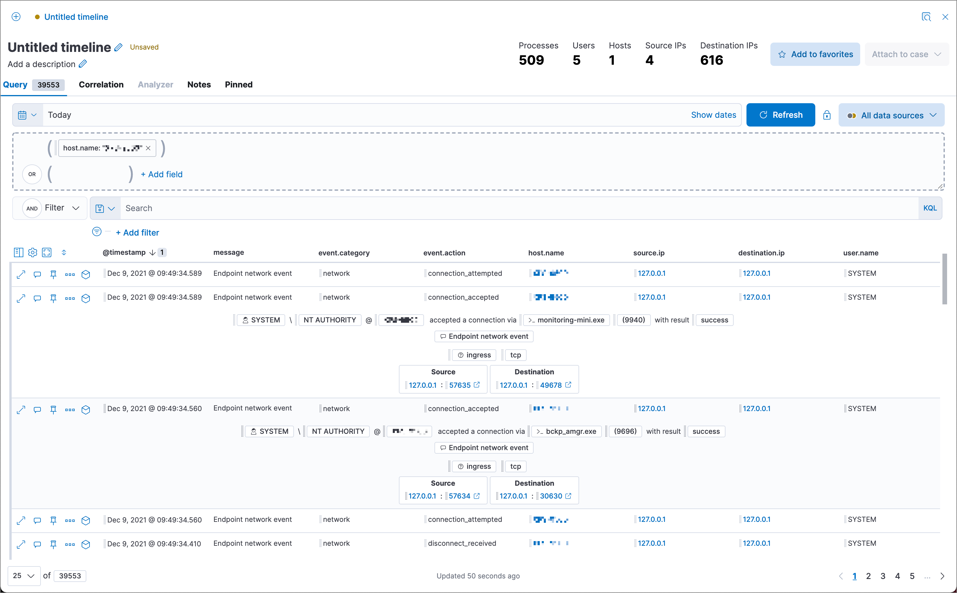 Drag and drop a value from the data table to the Timeline tab to add it to the query