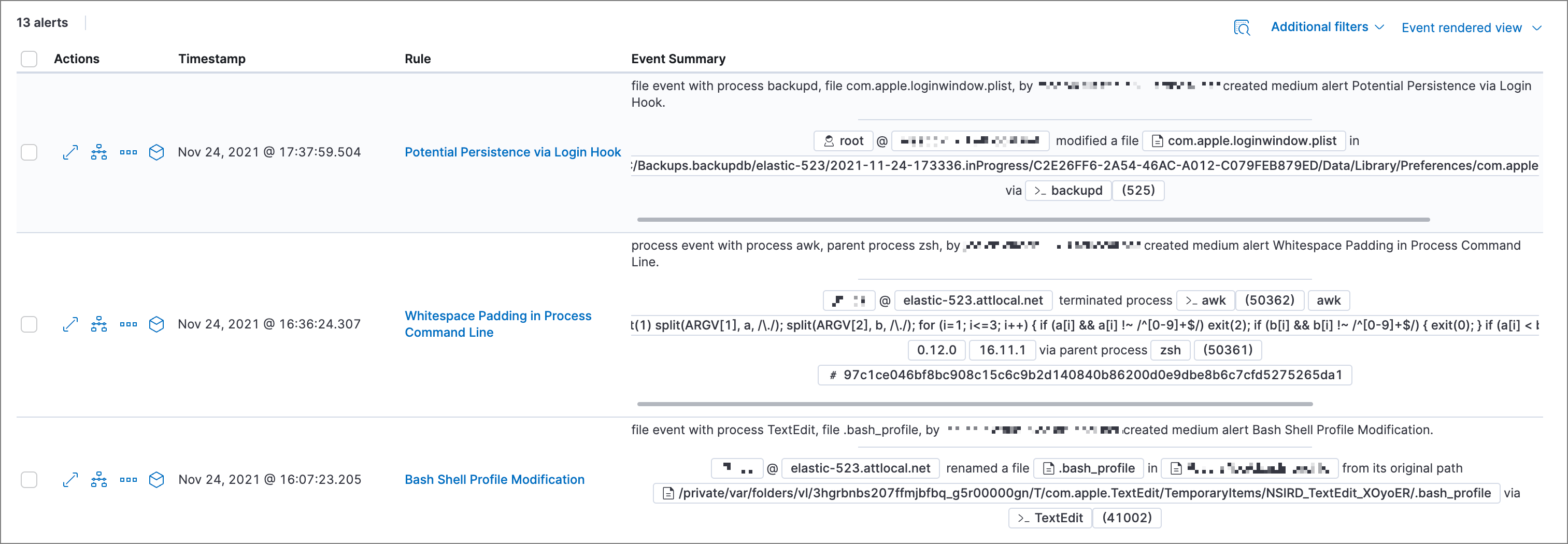 Shows the Alerts table with the Event rendered view enabled