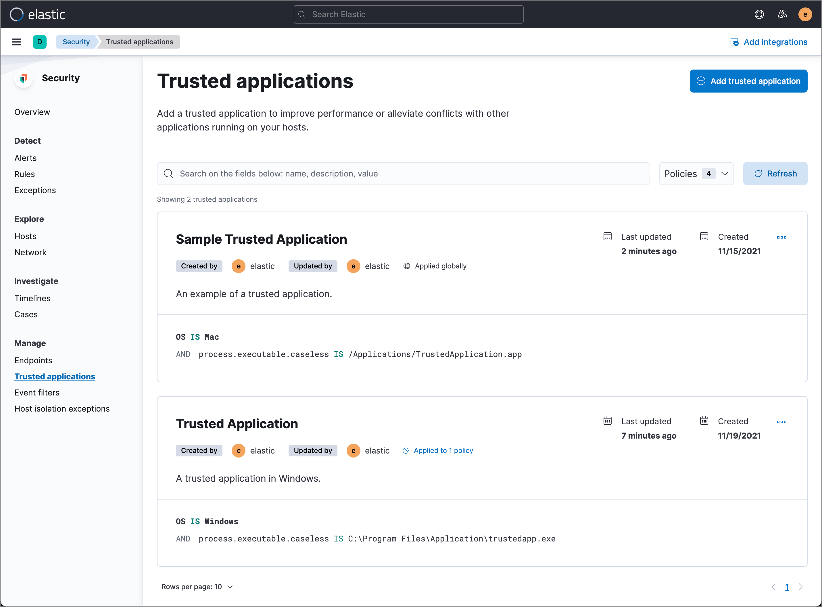 Shows the Trusted applications page