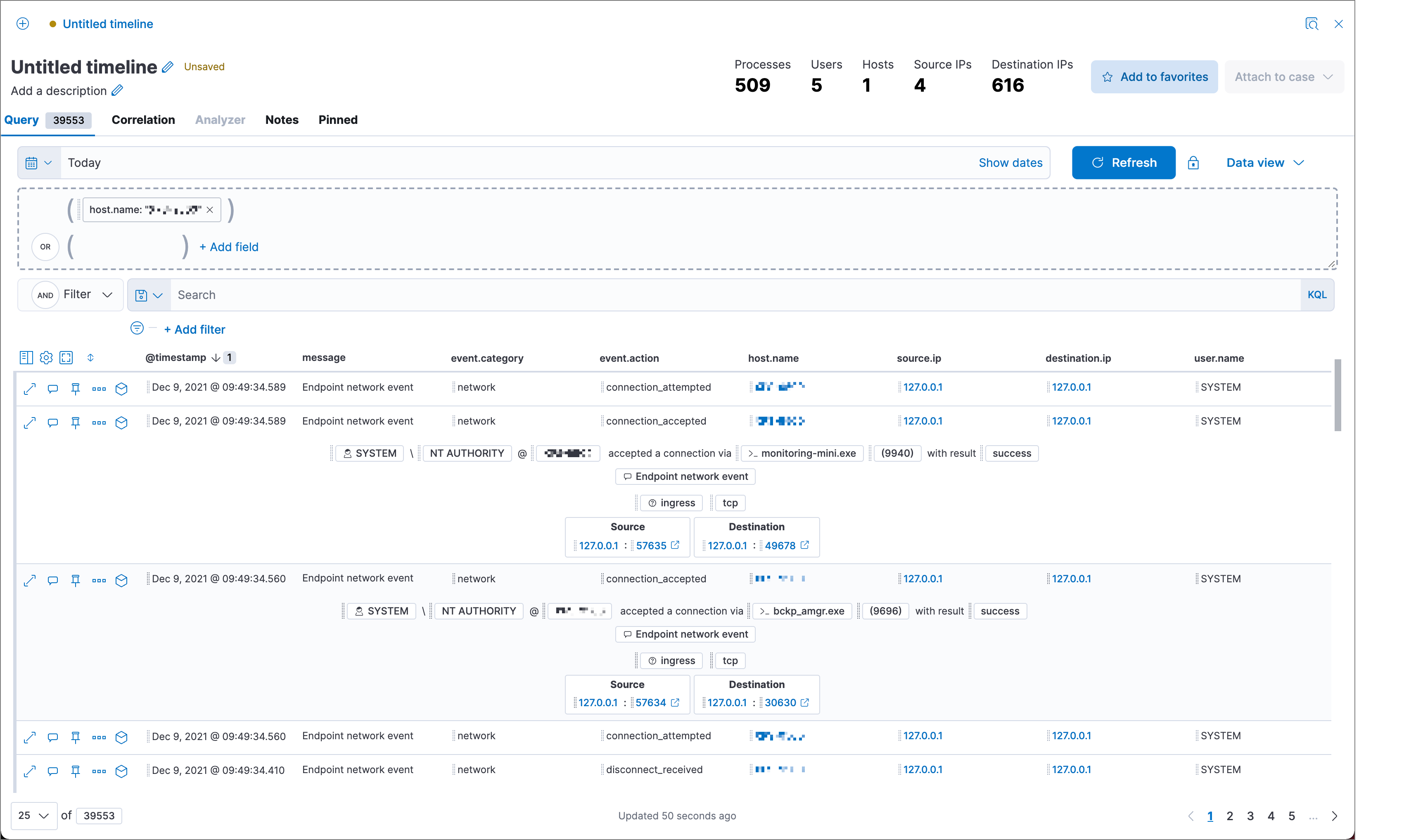 Drag and drop a value from the data table to the Timeline tab to add it to the query