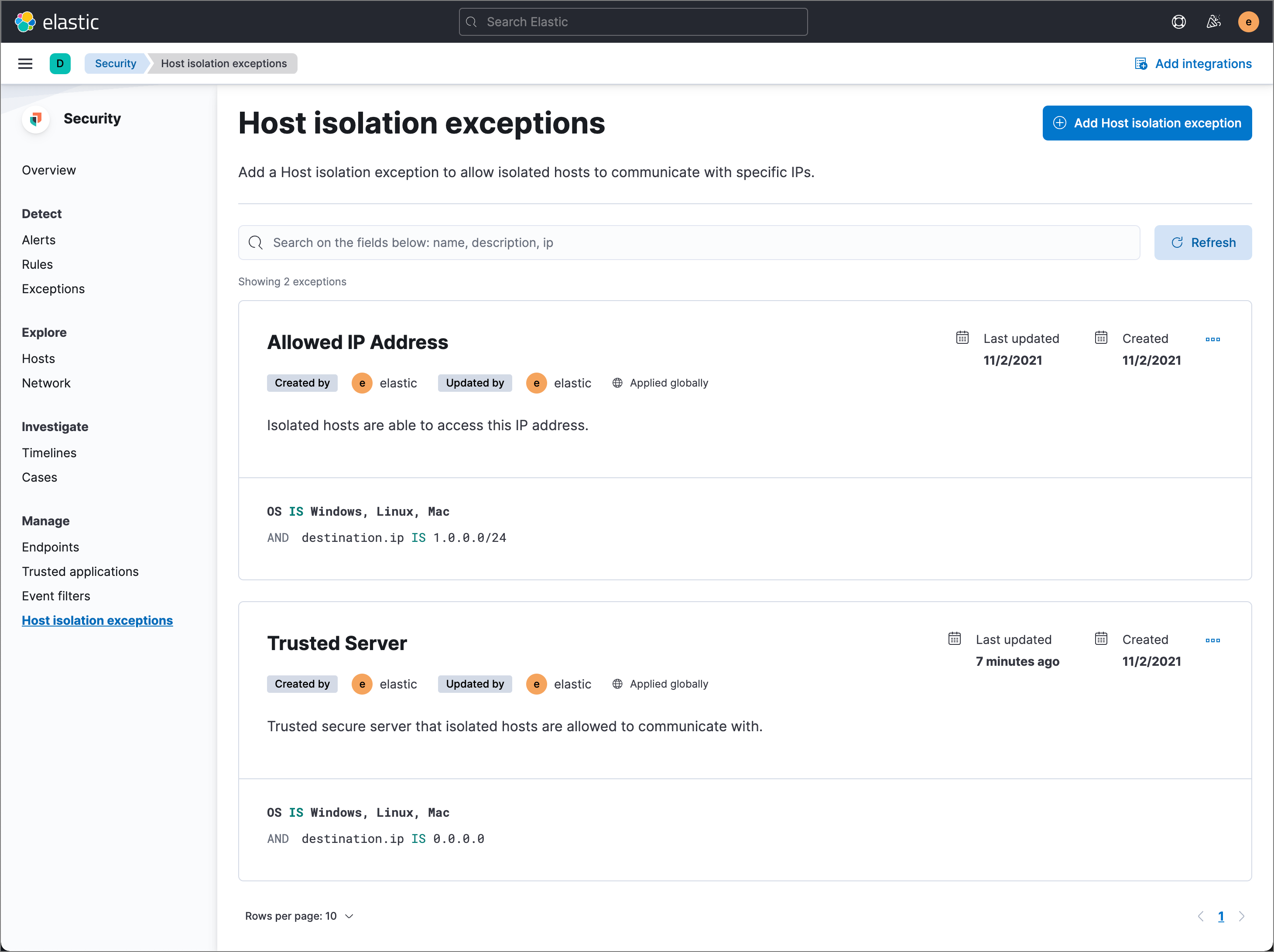 Shows the Host isolation exceptions page