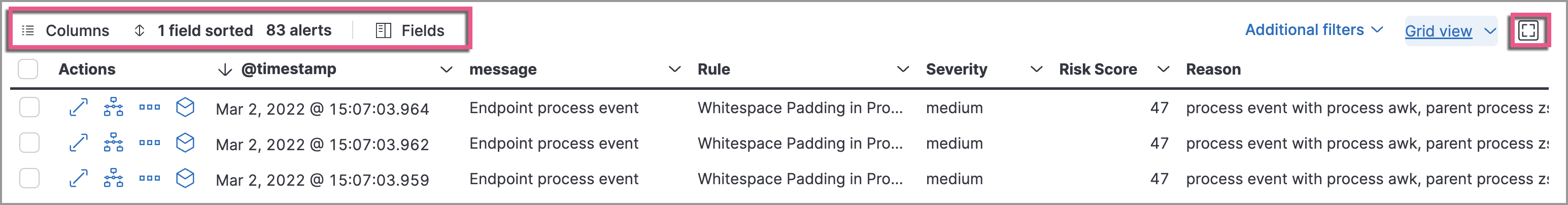 Shows the toolbar buttons in the upper-left of the Alerts table