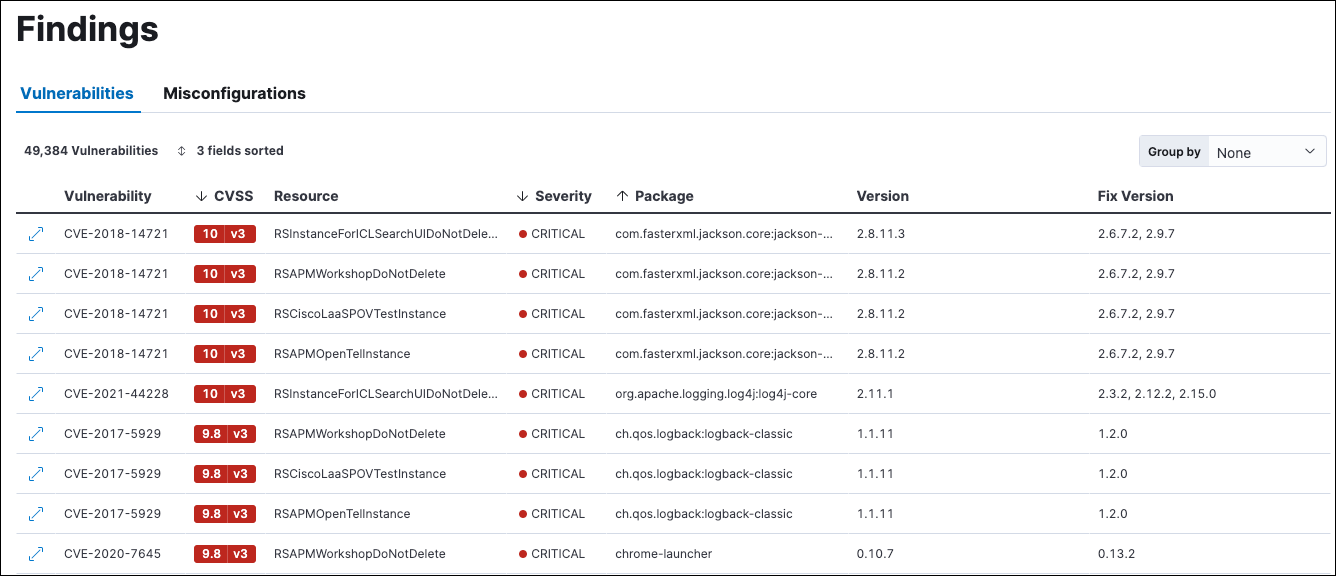 The Vulnerabilities tab of the Findings page