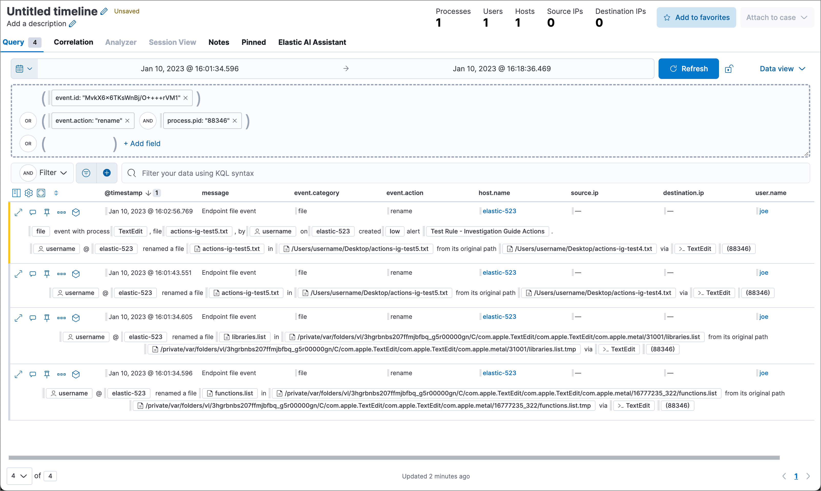 Timeline with query pre-loaded from investigation guide action