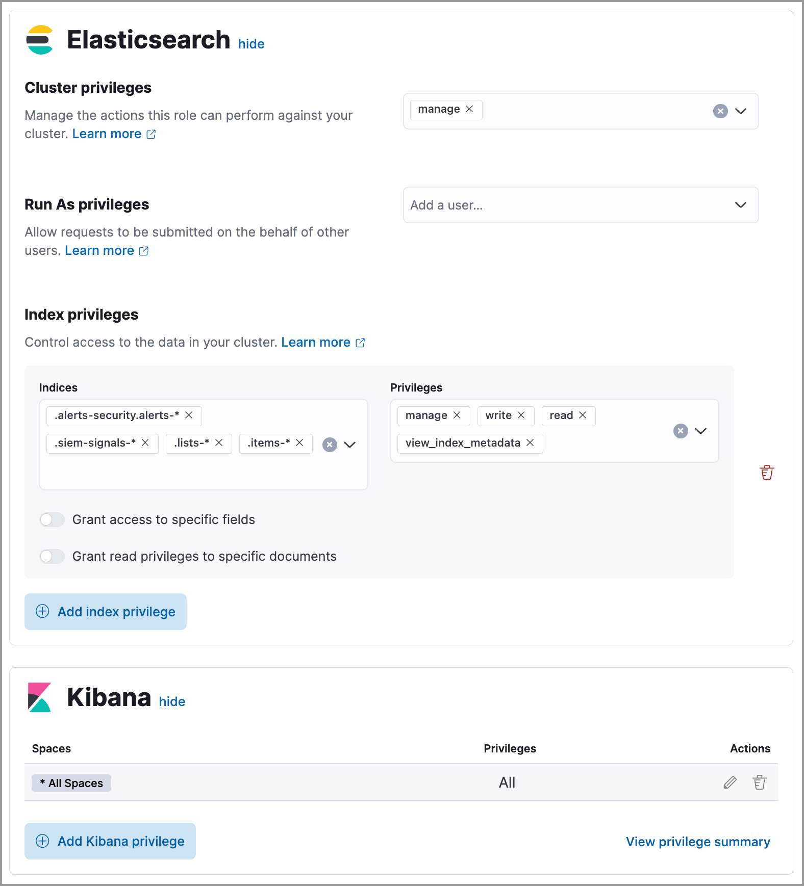 Shows user with the Detections feature enabled in all Kibana spaces