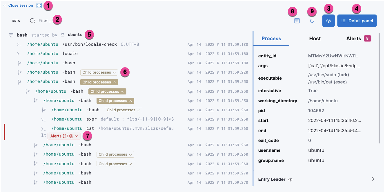 Detail of Session view with labeled UI elements