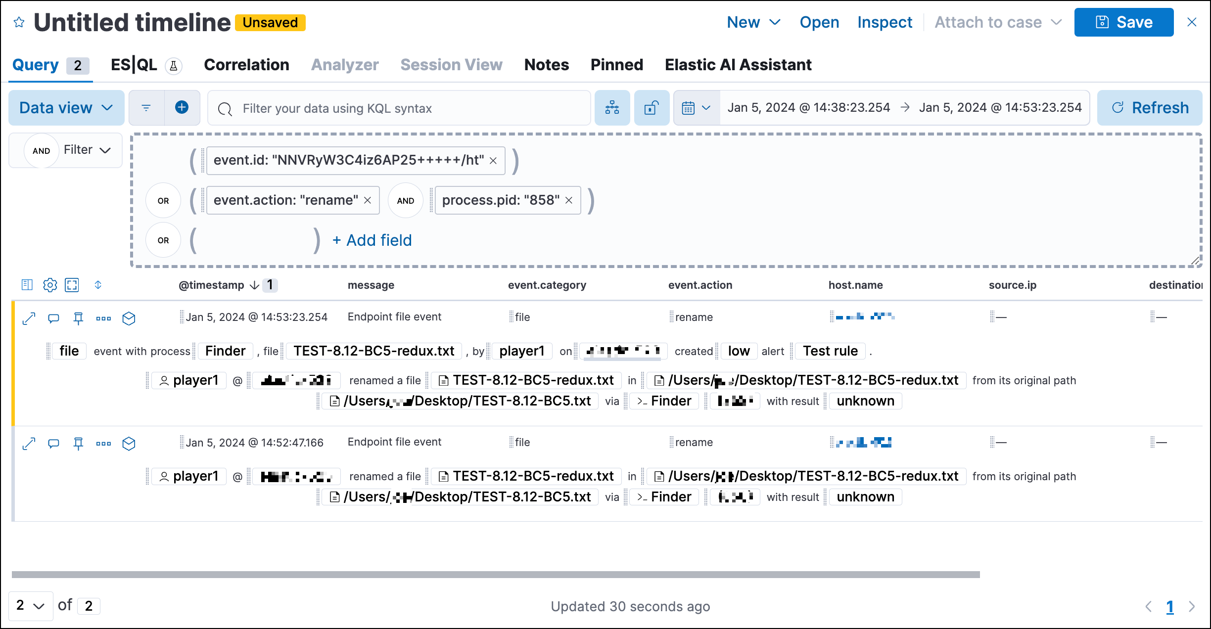 Timeline with query pre-loaded from investigation guide action