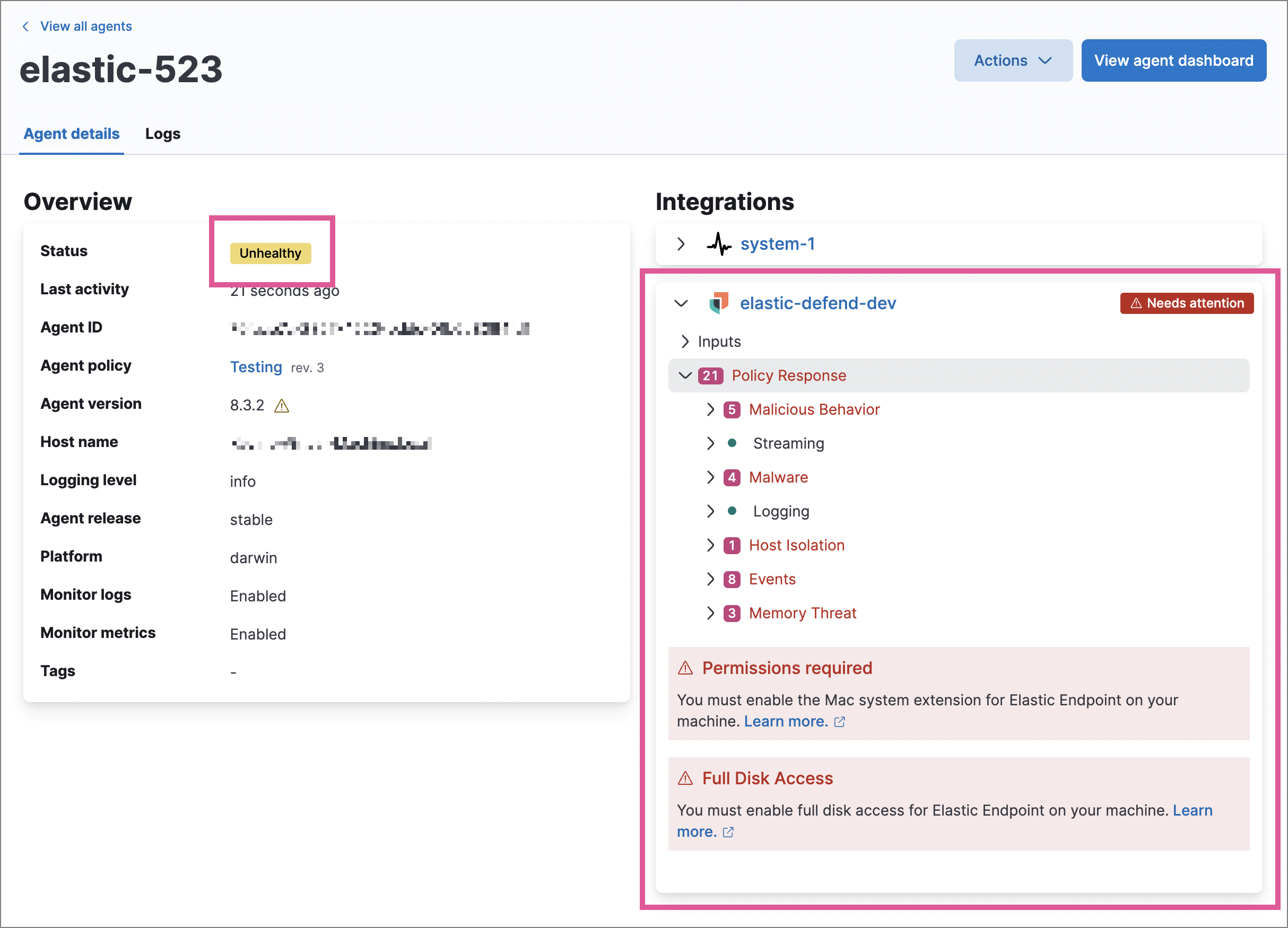 Agent details page in Fleet with Unhealthy status and integration failures