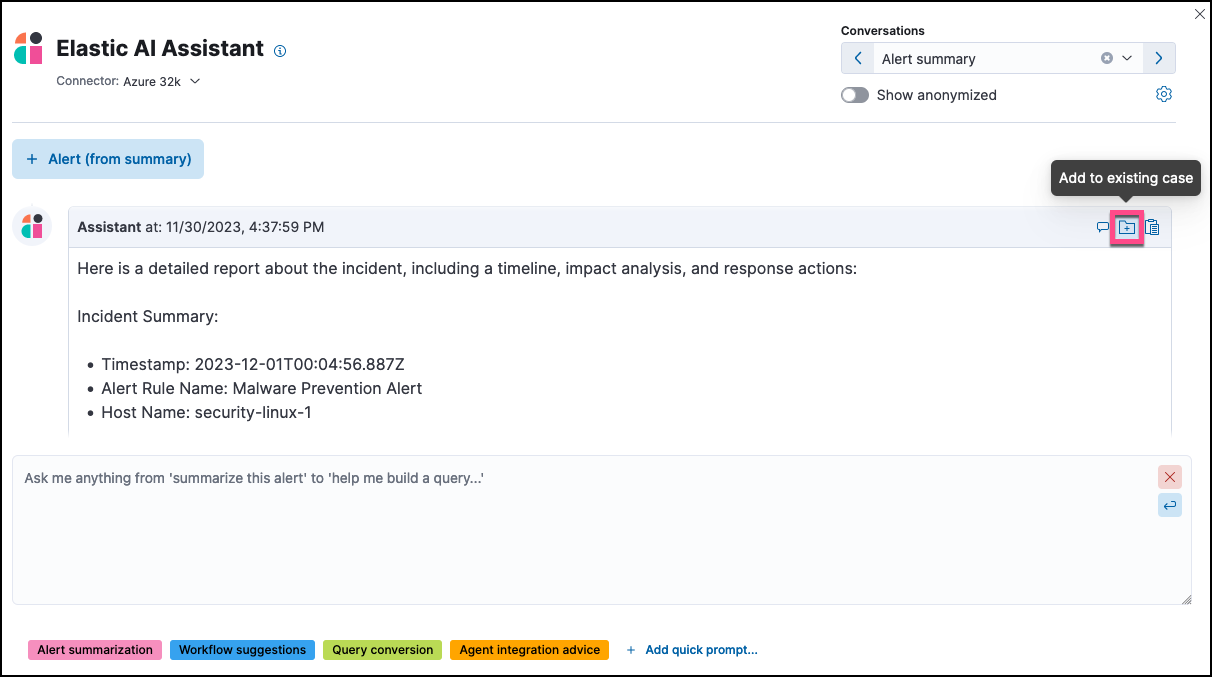 An AI Assistant dialogue with the add to existing case button highlighted