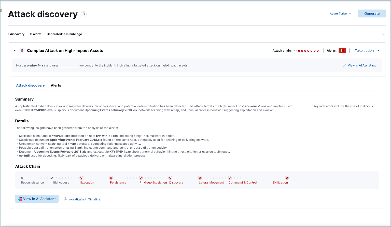 An Attack discovery card showing an attack with 11 related alerts