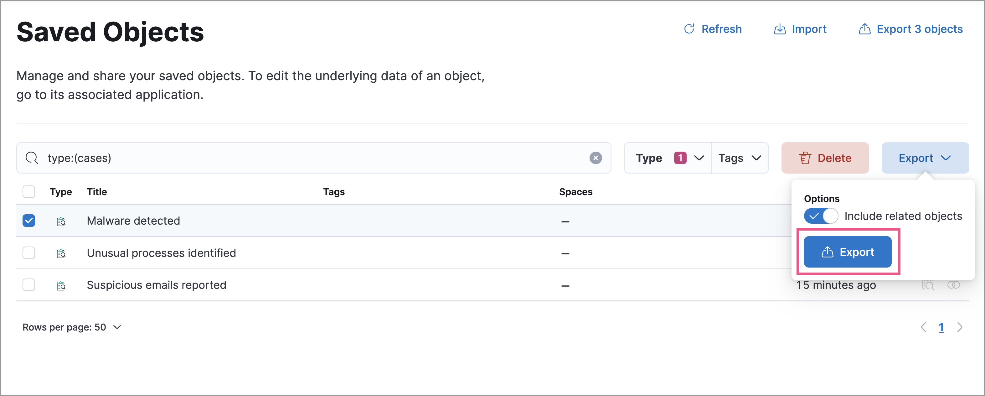 Shows the export saved objects workflow