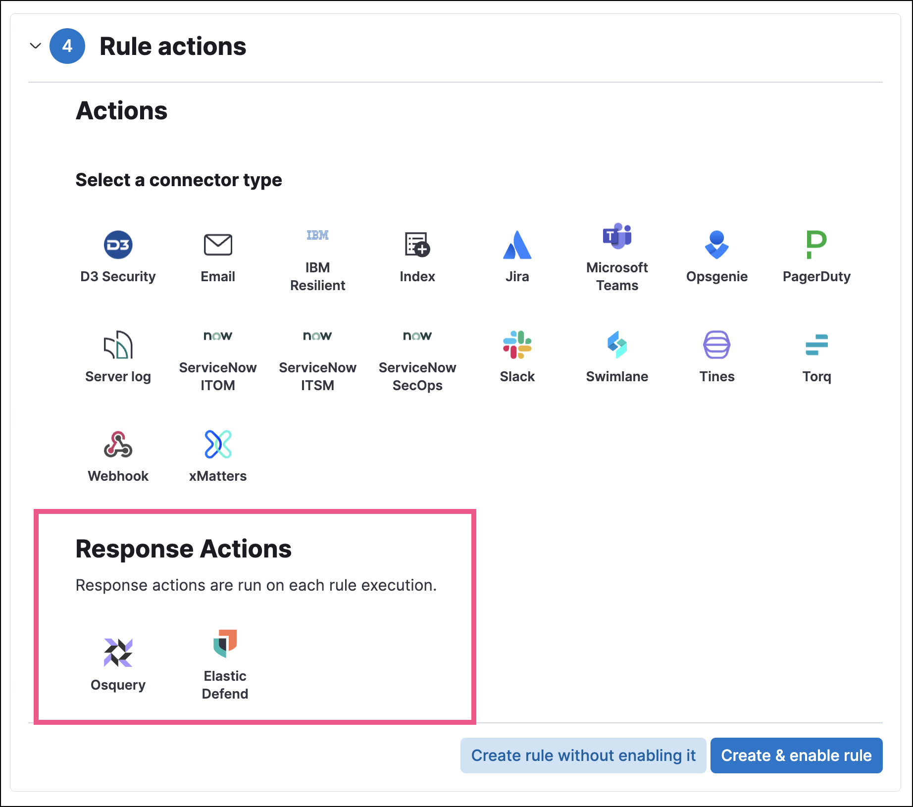 Shows available response actions