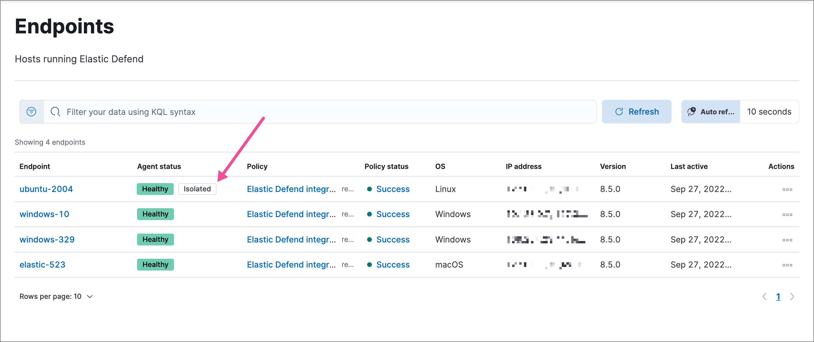 Endpoint page highlighting a host that’s been isolated