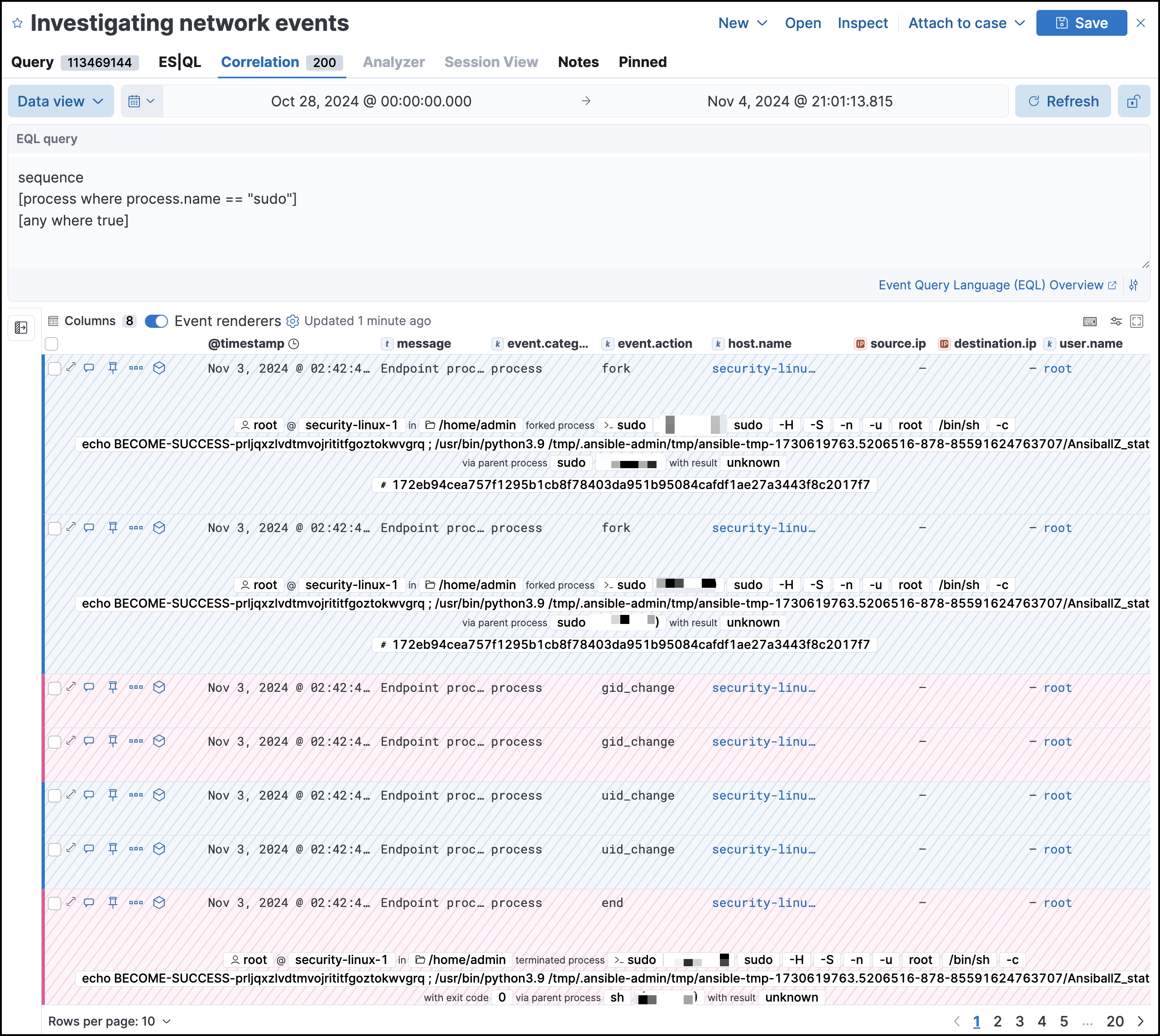 a Timeline’s correlation tab